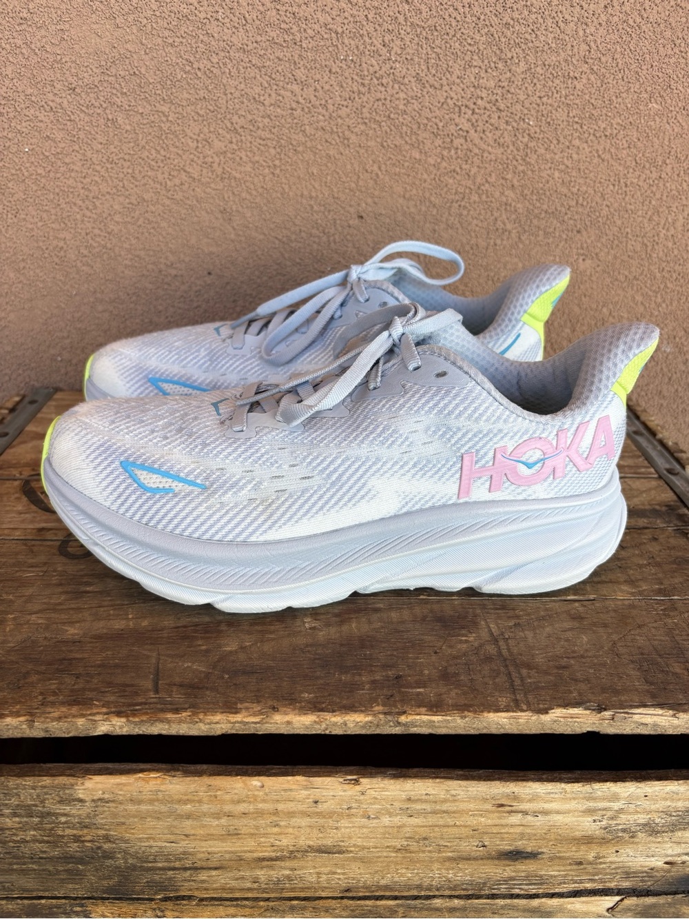 Hoka One One Clifton 9 Wide Running Shoe in Gull/Sea Ice Colorway